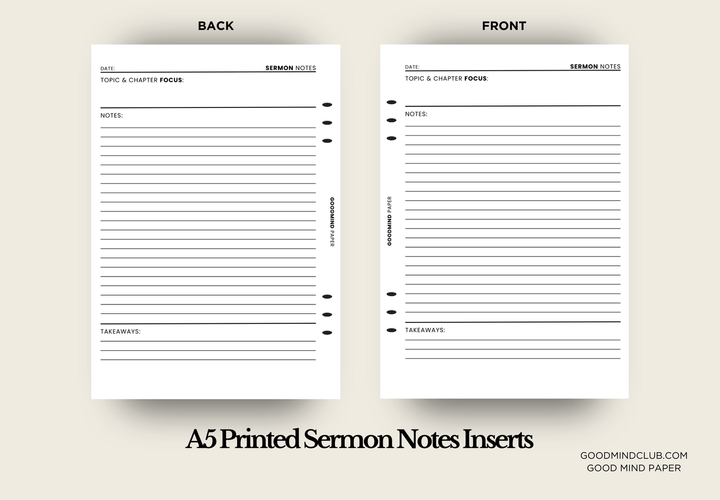 Undated Printed Sermon Notes Planner Inserts, Monthly Bundle, Set of 5