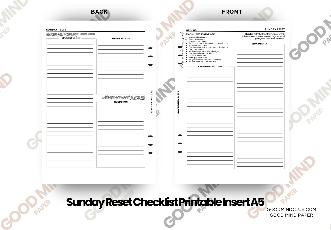 A5 Sunday Reset Checklist Printable Freebie